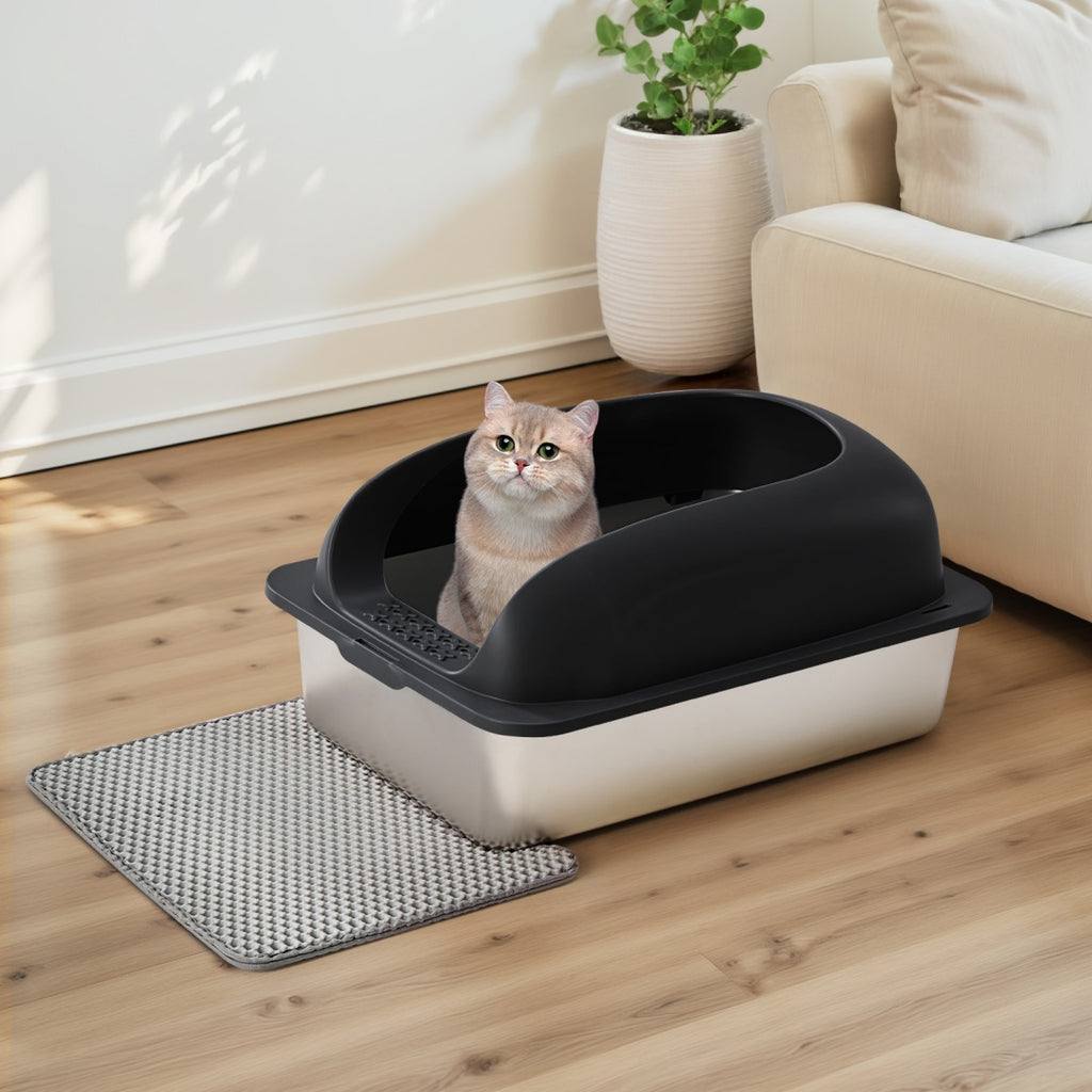 Stainless Steel Cat Litter Box With Lid, Scoop And Mat Included